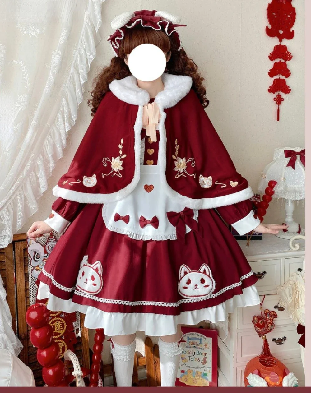 Coalfell Christmas Winter Lolita Vintage Red Embroidered Dresses +Plush Shawl Thickened Cape New Year's Clothing One-piece Dress