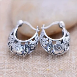 Silver Plated Hoop Earrings for Women, Silvery Flower Pattern, Retro Jewelry, Trendy, Exquisite