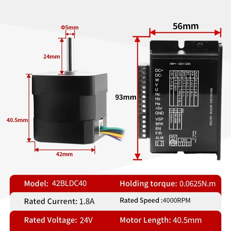 42x42x40mm 4000RPM 3 Phase NEMA17 24V 26W BLDC Brushless Motor Driver Flange Mount RoHS CE ISO Certified 0.0625NM Torque