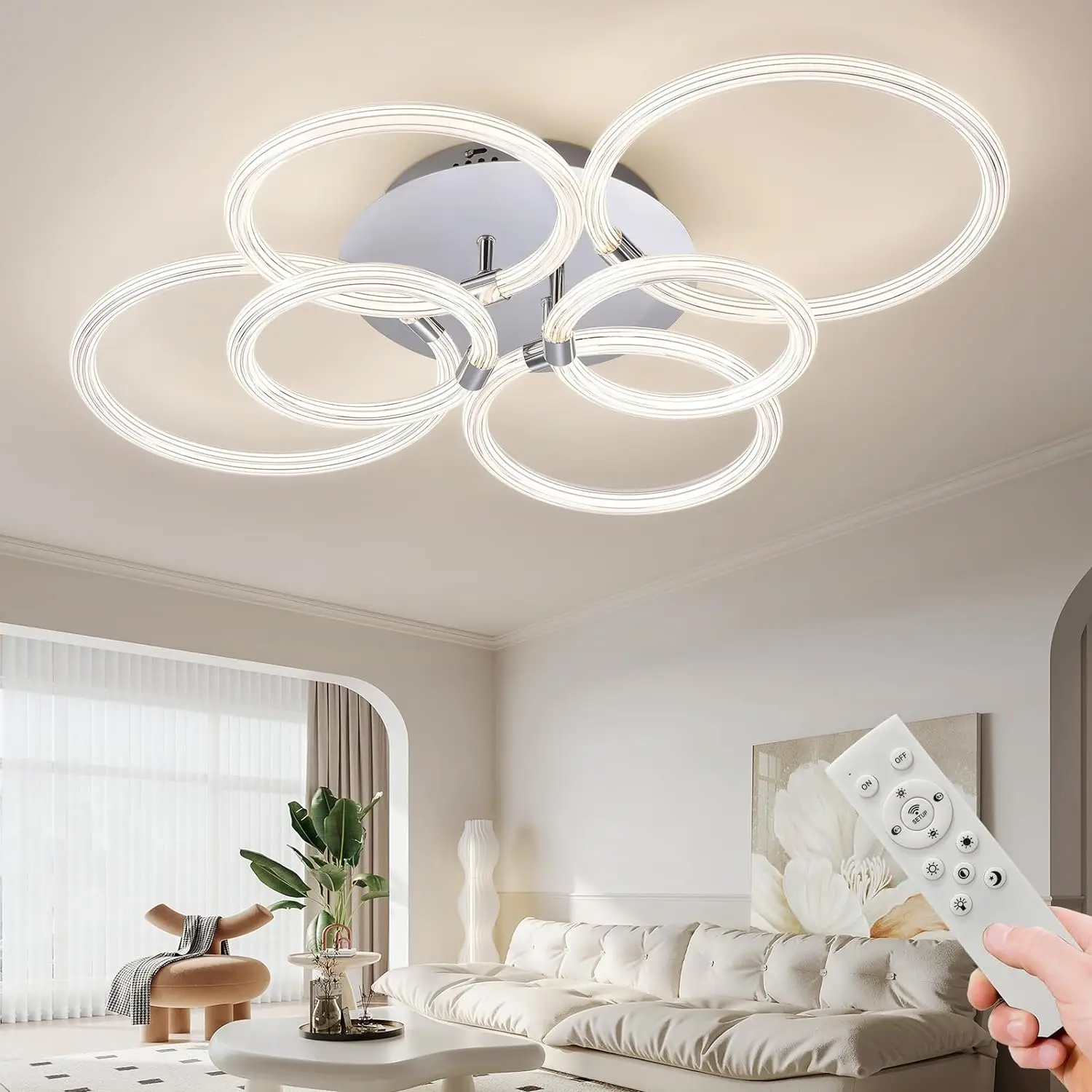 Modern LED Recessed Ceiling Light with Dimmable Remote Control, 6 Ring Acrylic Fixture