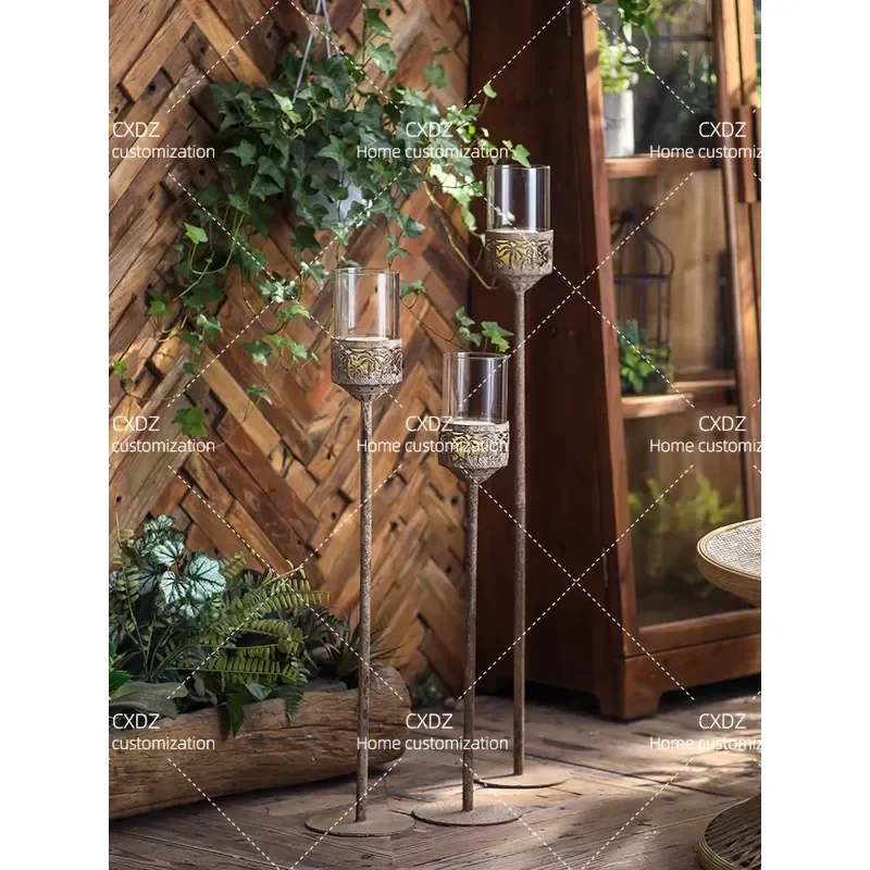 European Retro Wrought Iron Lace Glass Display Stand Floor to Ceiling Table Holder Decorative Props for Home Atmosphere