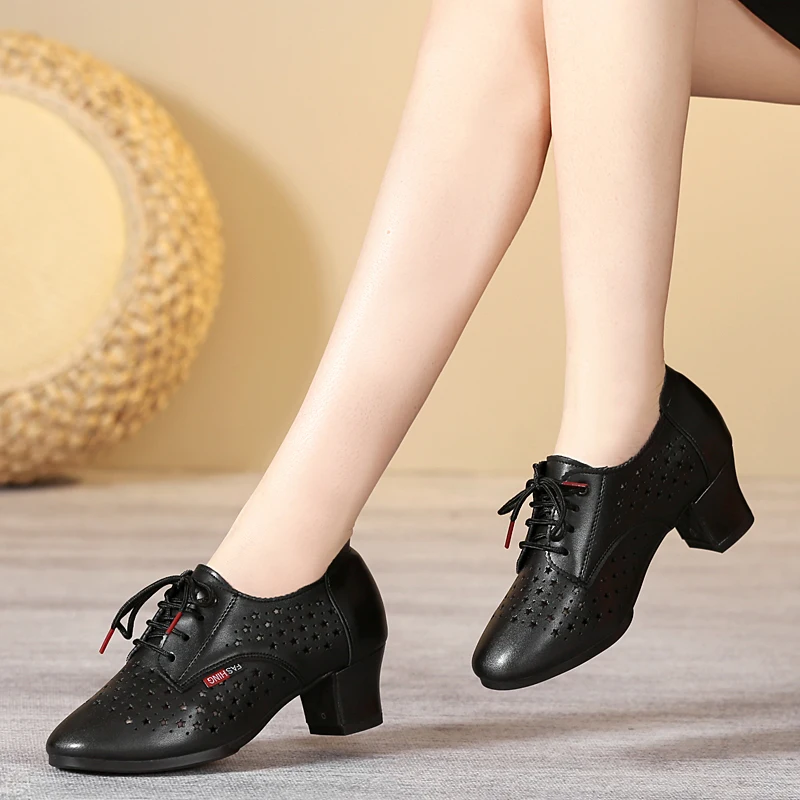 Hollow Out Modern Dance Shoes Women White Black Leather Soft Modern Dancing Shoes Woman Square Dance Shoes Sneakers