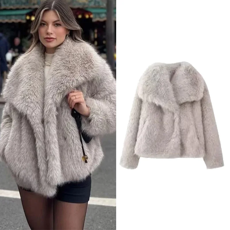 

HipSeam Women Faux Fur Jacket Autumn Casual Large Lapel Collar Pocket Women's Coat Fashion Warm Jacket Female Chic Tops