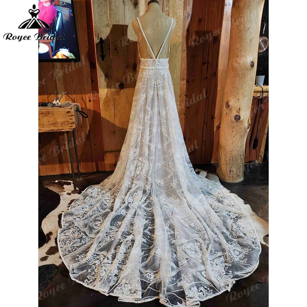 Vintage Plunging Deep V Neck Lace Floor-Length Wedding Dress Spaghetti Straps Backless 2023 Bridal Gown Customized Roycebridal