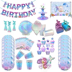 Decoraciones de fiesta de cumpleaños con tema de sirena, vajilla desechable de sirena, platos de taza, suministros de fiesta de sirena para niñas