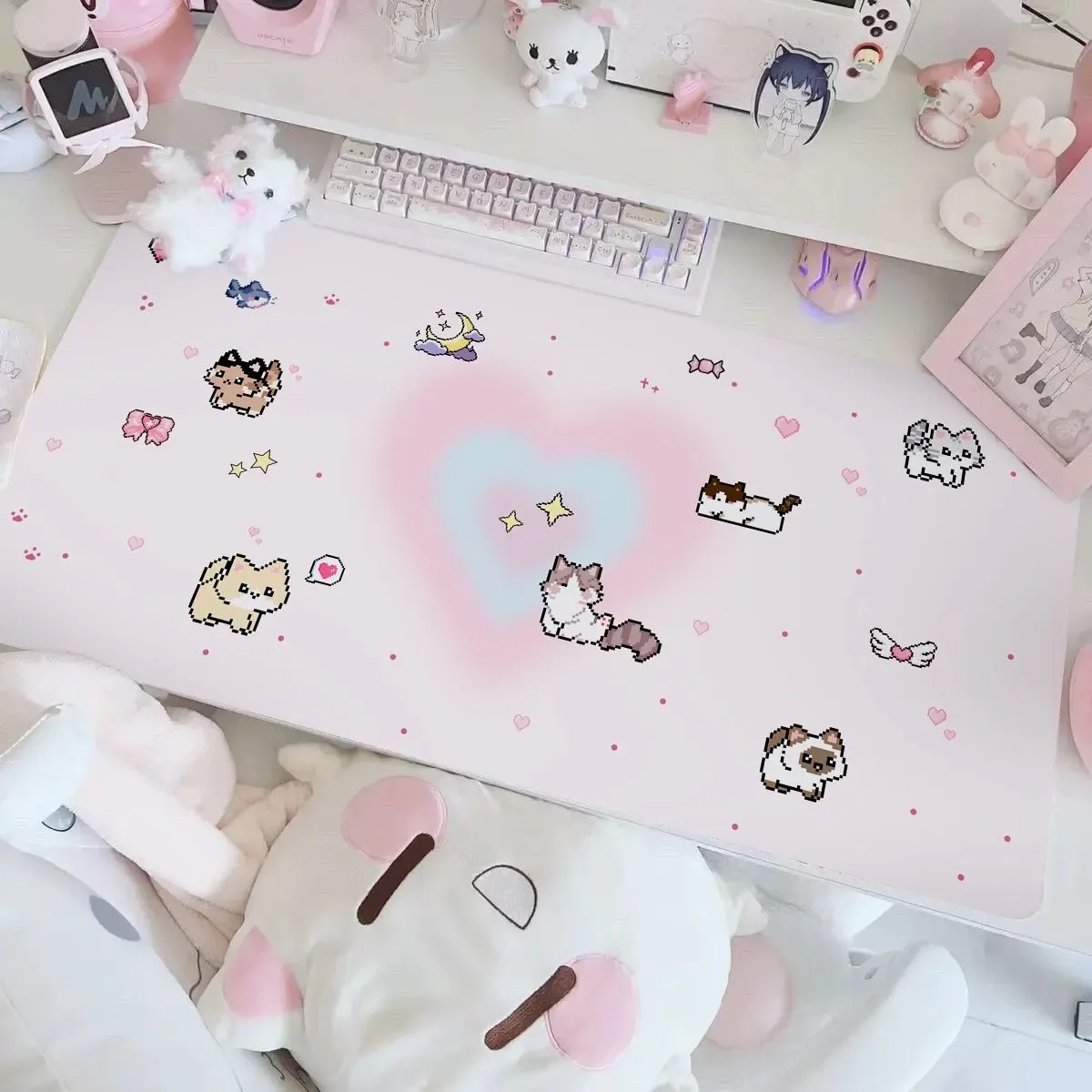 Kawaii Cartoon Pixel Kitten Mousepad Large XXL PU Leather Table Desktop Mat Office Gamer Computer Speed Type Carpet Keyboard Pad