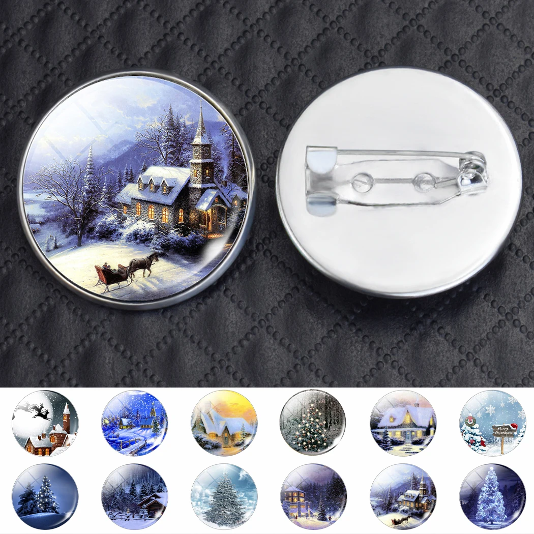 Fashion Snowhouse Brooch Christmas Winter Warm House Glass Cabochon Gem Breastpin New Year Clothing Accessories Badge Gifts