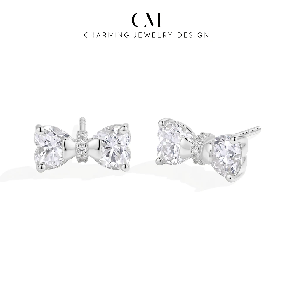 CHARMING Lovely Bowknot Heart Cut Moissanite Earring 925 Sterling Silver for Women Party Gifts Daily Jewelry Wedding Anniversary