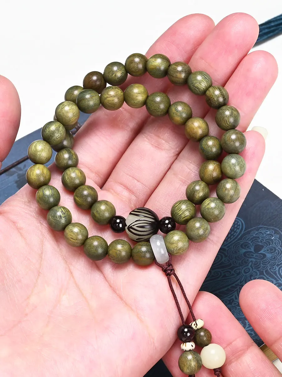 

Natural Green Sandalwood Bracelet Female Bodhi Bracelet Couple Buddha Beads Amulet Sandalwood Rosary Lotus Chinese Ethnic Style