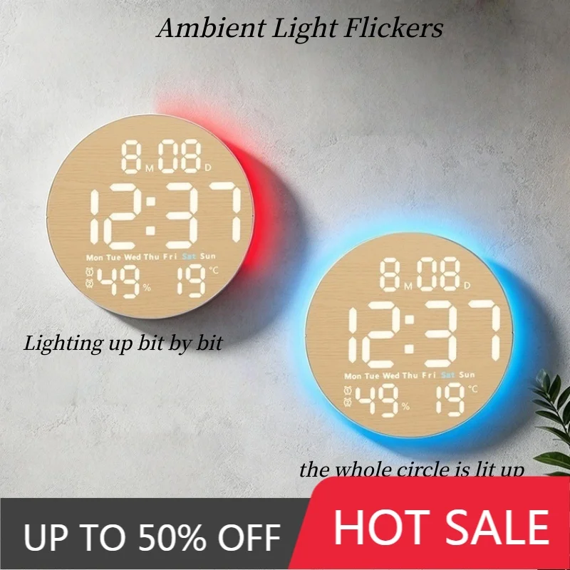 10 Inch Digital Wall Clock With Mood Light TEMP Humidity Date Week Timer Brightness Adjustment Remote DST LED Alarm Clock