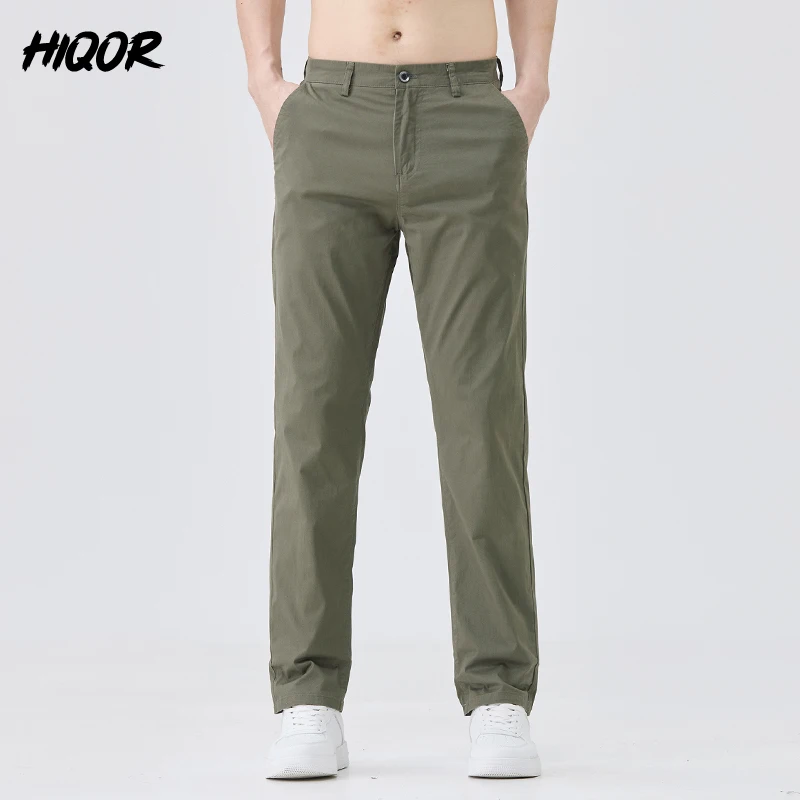 HIQOR Men\'s Loose Straight Trousers For Men Summer New In Solid Army Green Khaki Business Work Wear Cotton Man Casual Pants Male