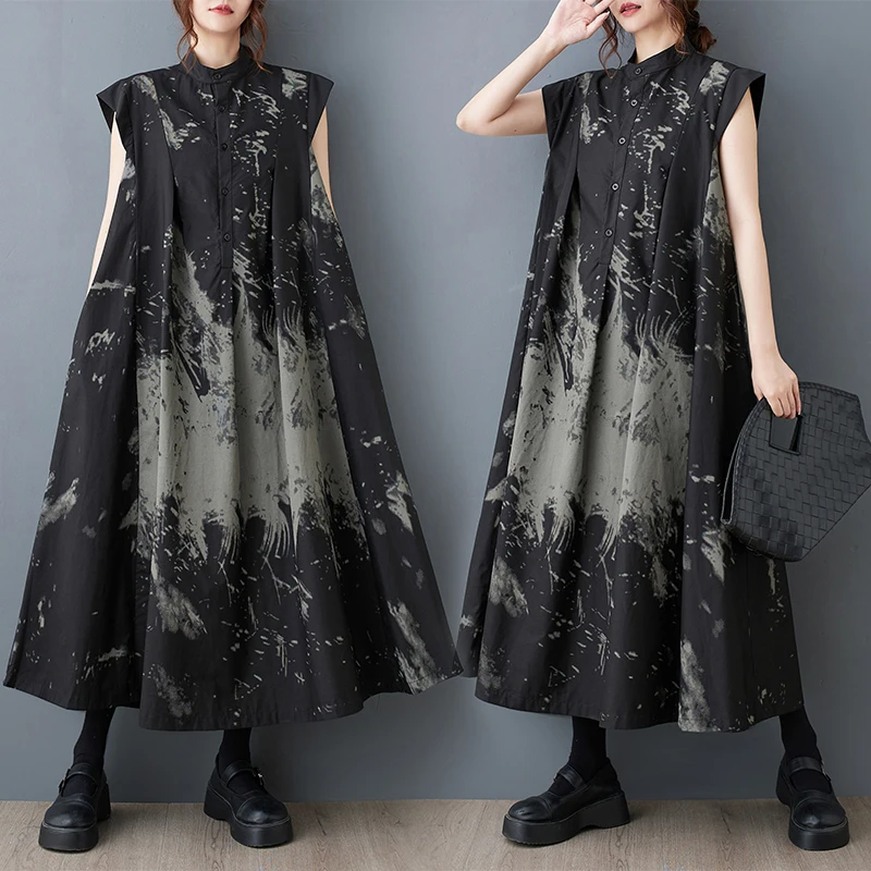 

k Ink Splatter Print Long Dr with Flng Sves Loose Fit Midi Skirt Stand Collar plus Size Women's Design Sense