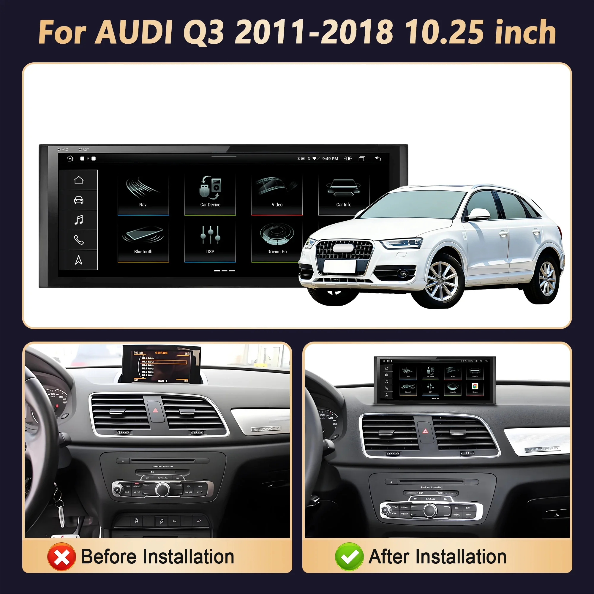 10.25 inch Touch Screen Bluetooth For AUDI Q3 2011 - 2018 Android 14 Snapdragon 680 Car Radio Multimedia Carplay GPS Navigation