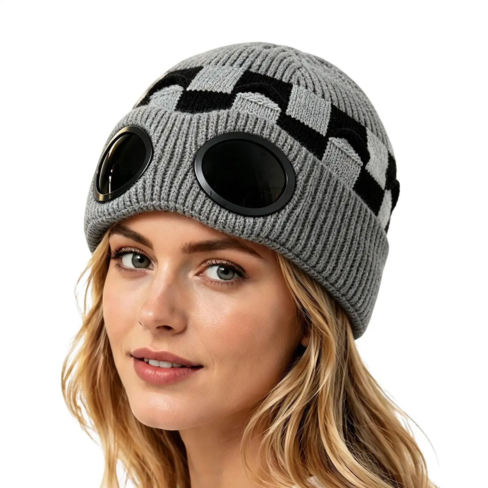 unisex Knitted beanie cap hat with goggles warm autumn/winter hat  Vintage Unisex Knitted Cap Windproof Warmer Ski Beanies