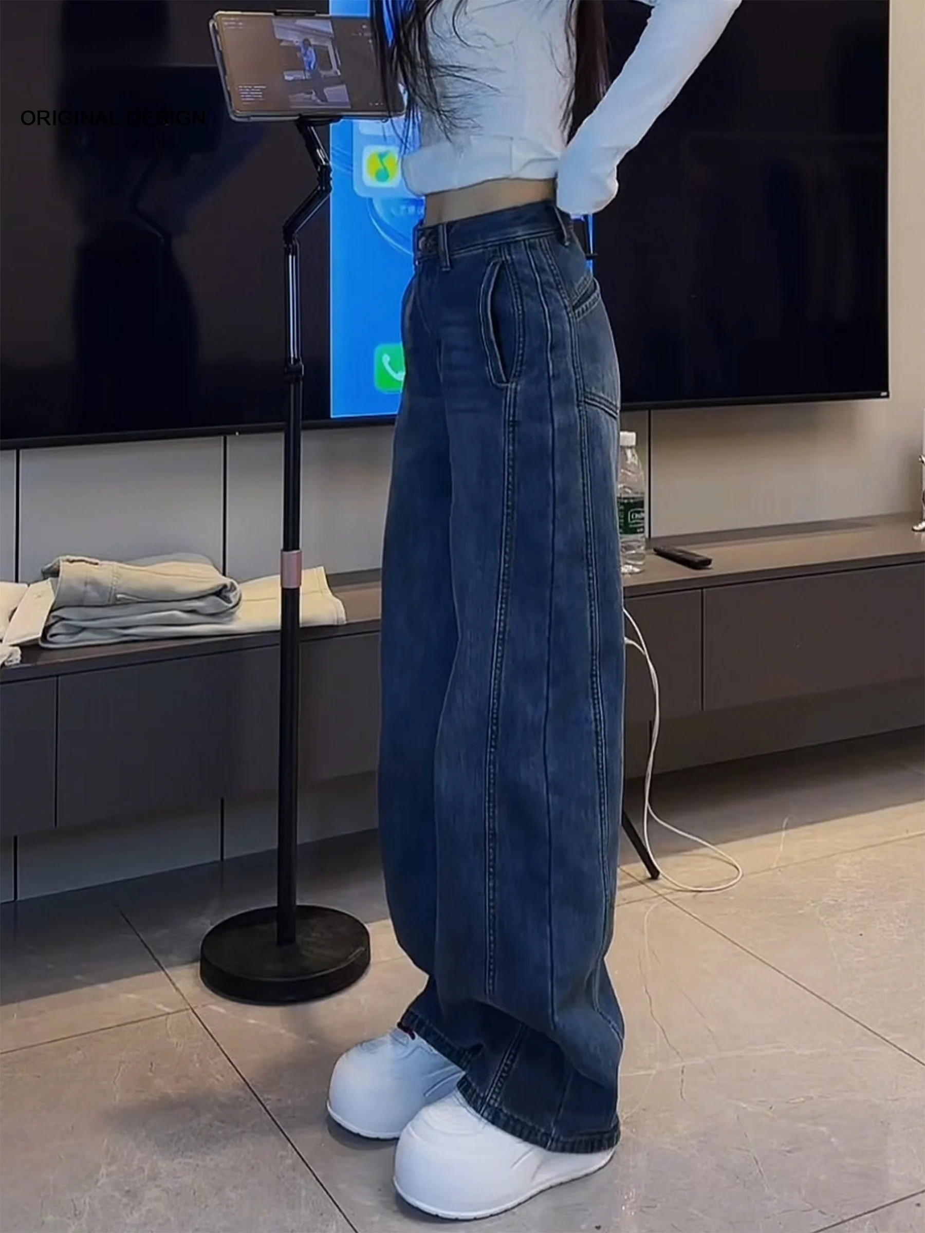 

High Waist Wide Leg Fleece Lined Loose Fit Women's Deep Blue Denim Jeans Straight Leg Knife Casual Trousers