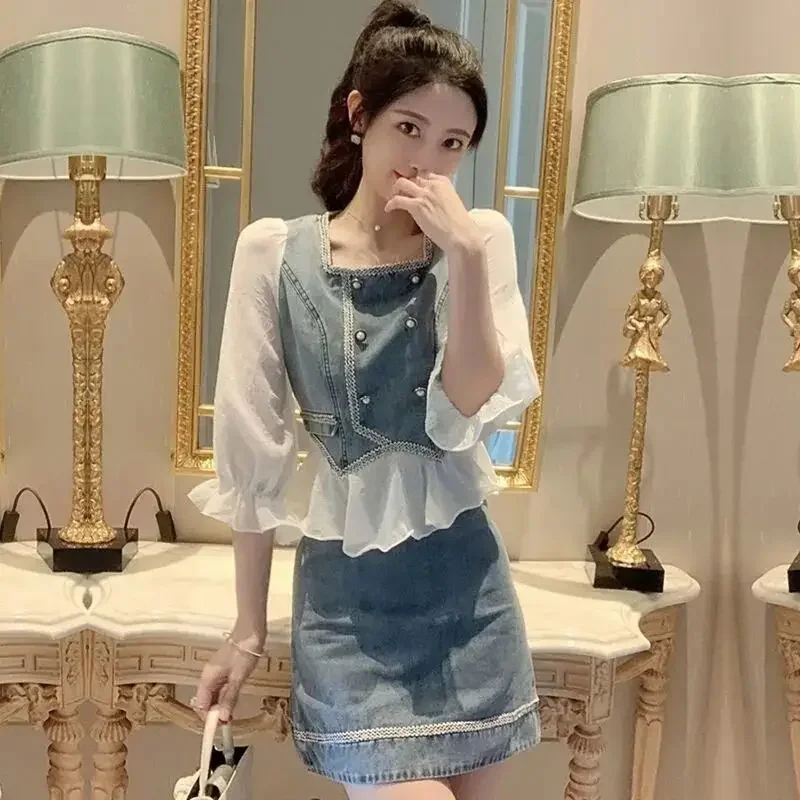 Mini Kawaii Midi Commuting Woman Outfit Cotton Office Skirt Short Denim 2 Pieces Sets for Women Summer Clothes 2024 New Matching