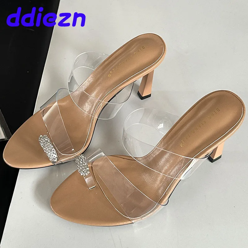 Fashion Transparent Footwear New Women Pumps Slides Heels Shoes 2024 Female Rhinestones Peep Toe Ladies High Heels Shoes