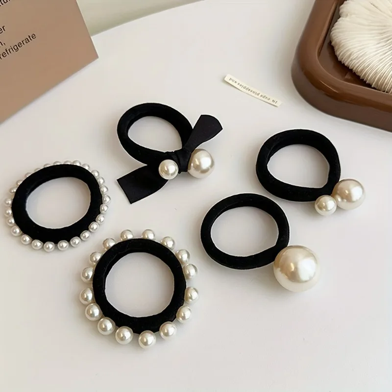 Elegant Hair Band Set for Women and Girls, High Elastic Seamless Fabric, Imitation Pearl Bow Design, Fashionable Hair Accessorie