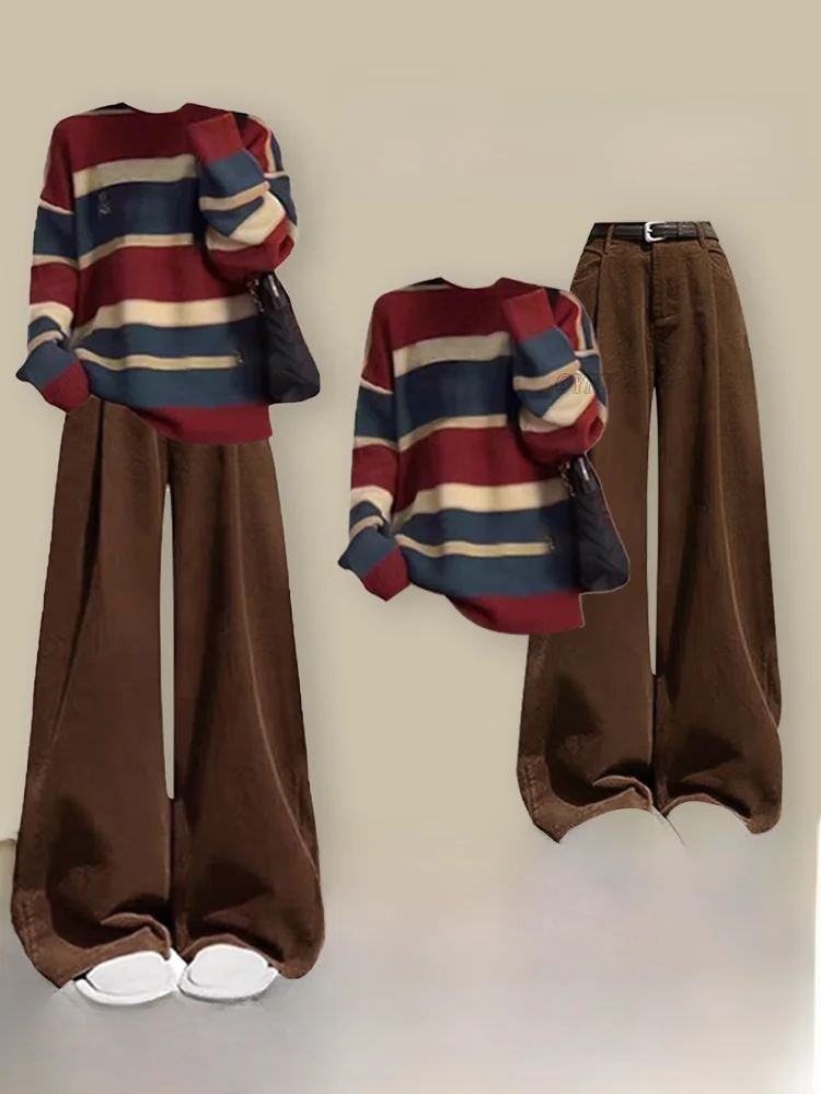 

Американский элитный полосатый свитер и комплект брюк: женский осенне-зимний повседневный комплект из мягкой вязаной ткани с высокой талией для стройности фигуры