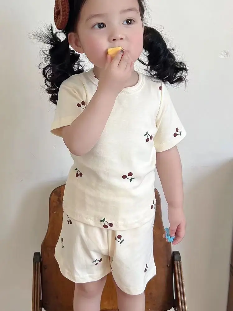 

Children's summer silk pajamas baby's short sleeved shorts air-conditioned clothes girls' Korean floral home suit set