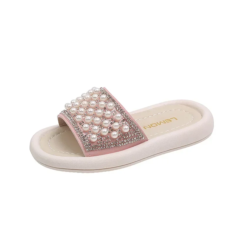 Pantofole di perle per ragazze bambini che borda scarpe da spiaggia con strass bambini estate con suola morbida Snadals classici per bambini