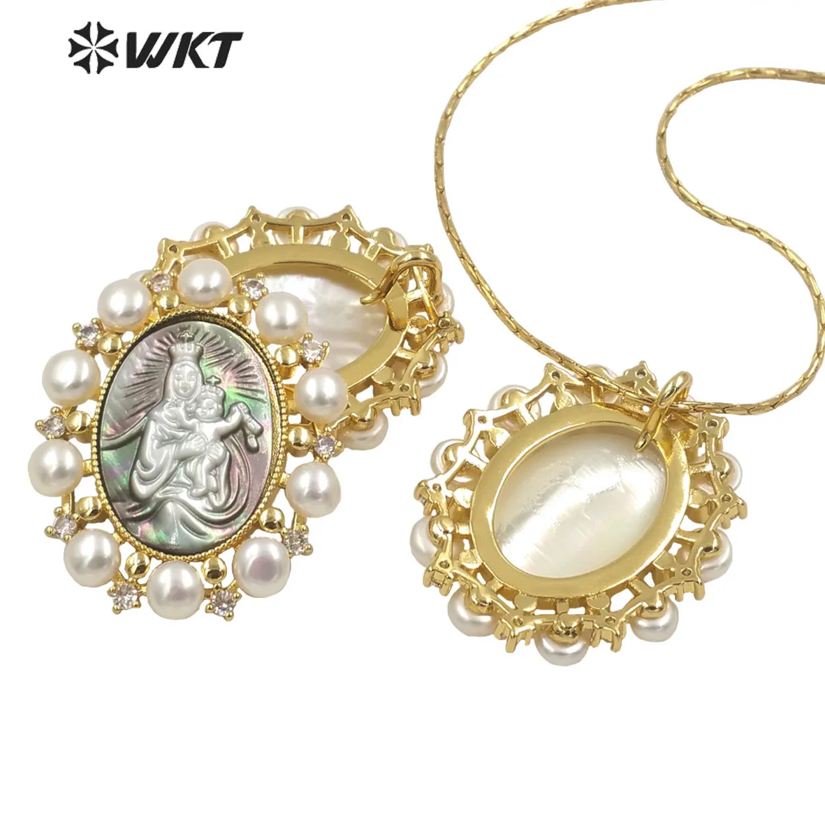 

WT-JP276 WKT Gold Fashion Micropave Cubic Zircon Christian Religious Style Charm Pendant With Natural Pearl Shell Carved