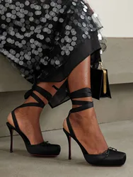 Summer New Women's Square Satin High-heeled Sandals with Ankle Strap, Fashionable Party and Banquet Ballet High-heeled Shoes