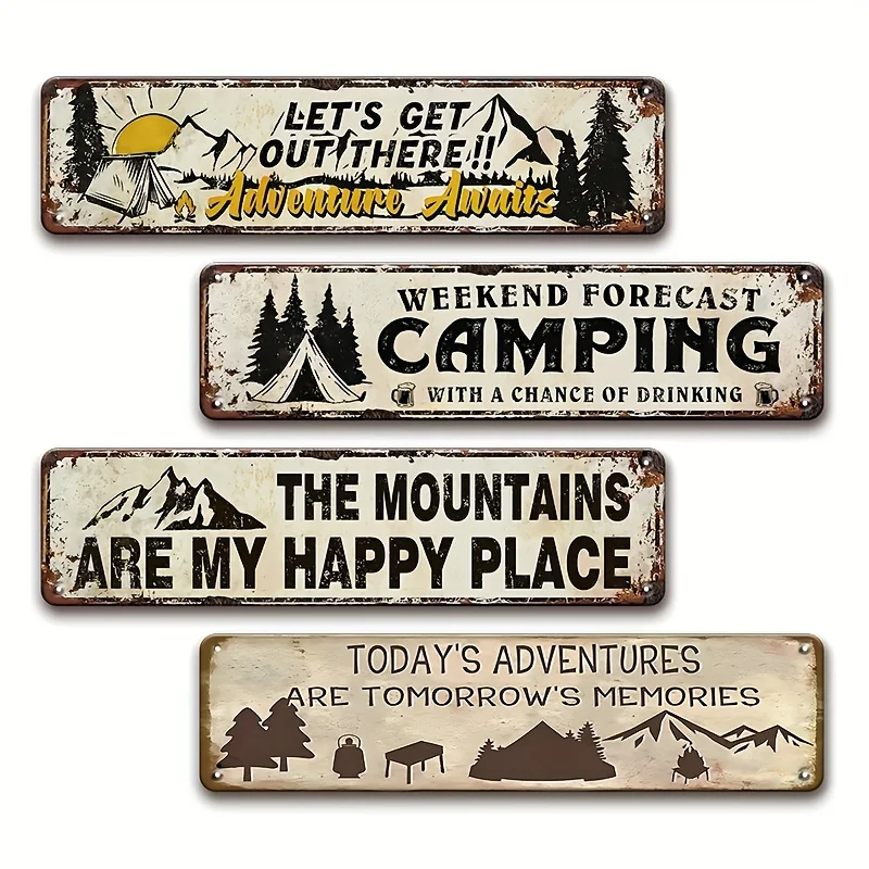 Set of 4 - Outdoor Camping Signs, Vintage Wooden Outdoor Camping Decor, Suitable for Rvs | Living Room, Café, Garage, Shop Wall