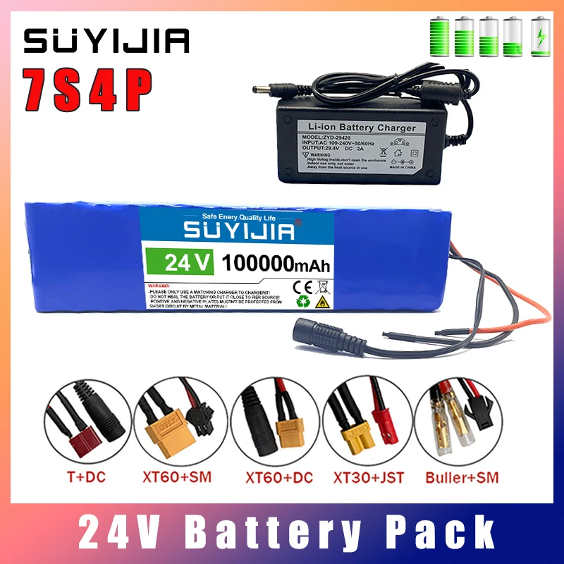 24V Battery Pack 7S4P 100Ah 18650 Rechargeable Li-ion Batteries BMS 25.2V 100000mah Electric Bicycle Moped Lithium Ion Batteries