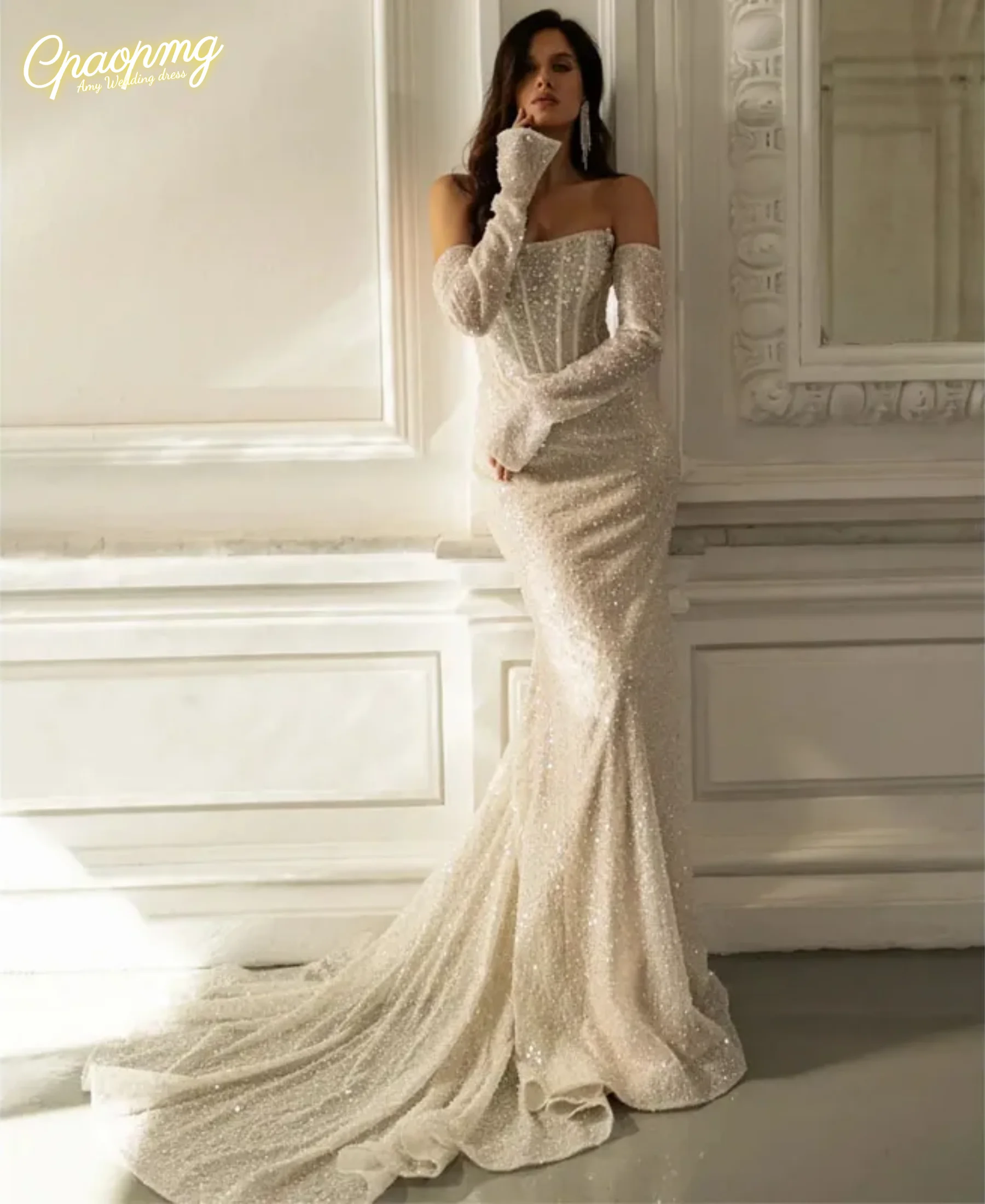 

Индивидуальный вечерний наряд с открытыми плечами, расшитый бисером и жемчугом, роскошное бежевое платье-русалка с отстегивающимися рукавами, для торжественных мероприятий (vestidos de novia)