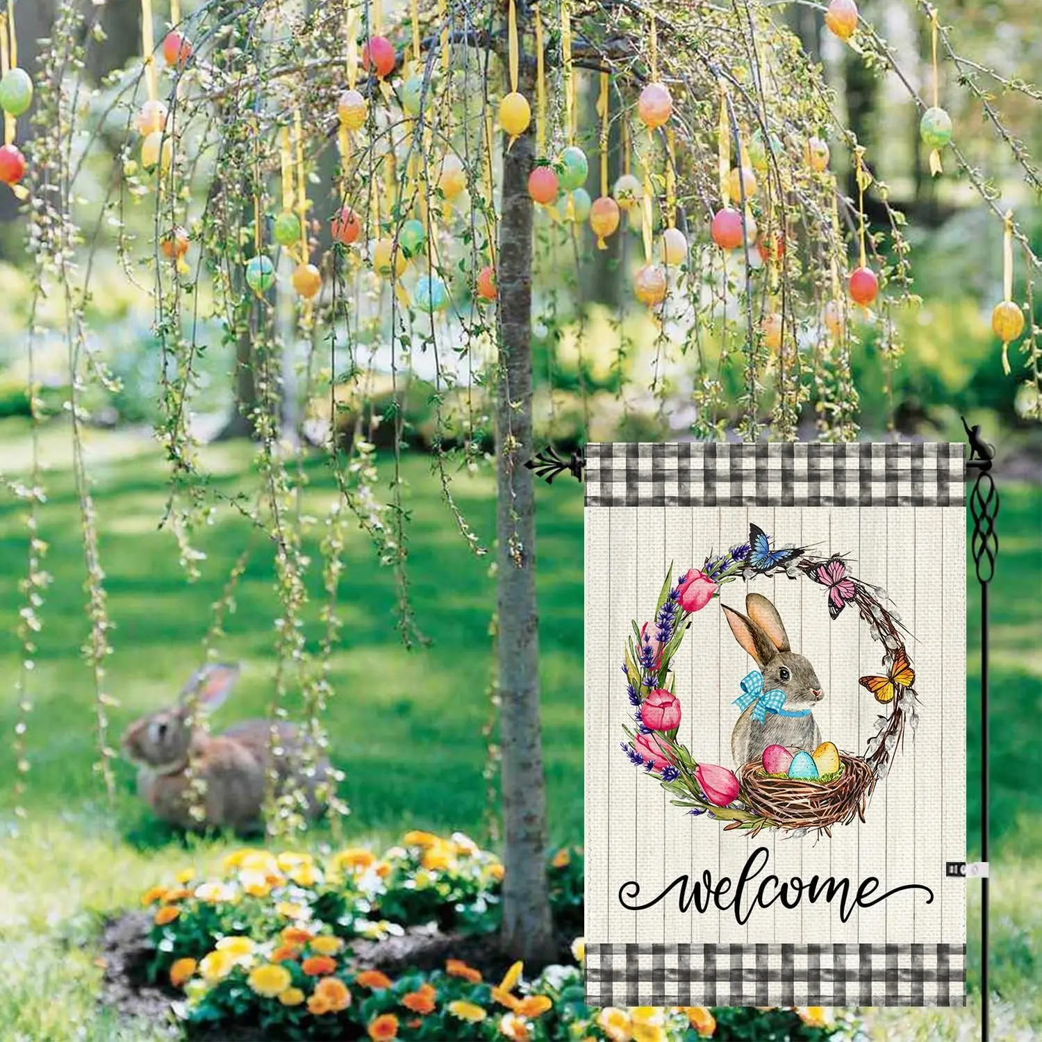 Baccessor Tulip Wreath Bunny Easter Garden Flag Eggs Buffalo Plaid 12.5 x 18 Inch Small Yard Flag for Outside Double Sided B llz