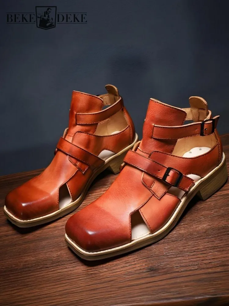 British Style Men Handmade Genuine Leather Hollow Out Square Toe Buckle Strap Sandals Solid Color Cowhide Chunky Heel Gladiator