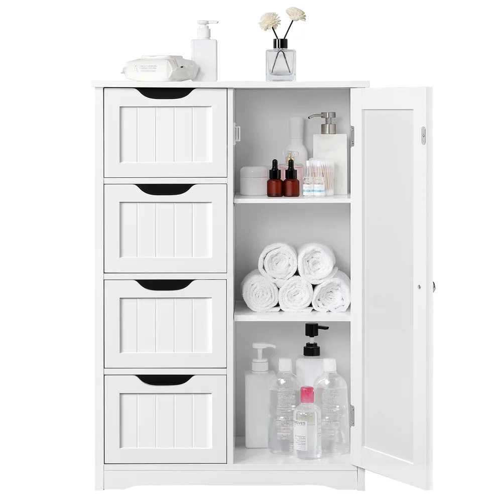 

Wooden Storage Cabinet 4 Drawer ,Bathroom Cupboard 2 Shelves, White Bathroom Shelves