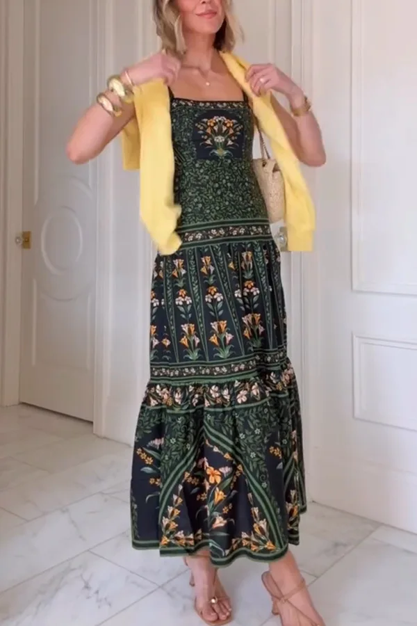 Boho Sling Long Dress Fashion Print Sleeveless Large Swing Party Evening Dresses Casual Retro Holiday Robe Women's Clothes 2025