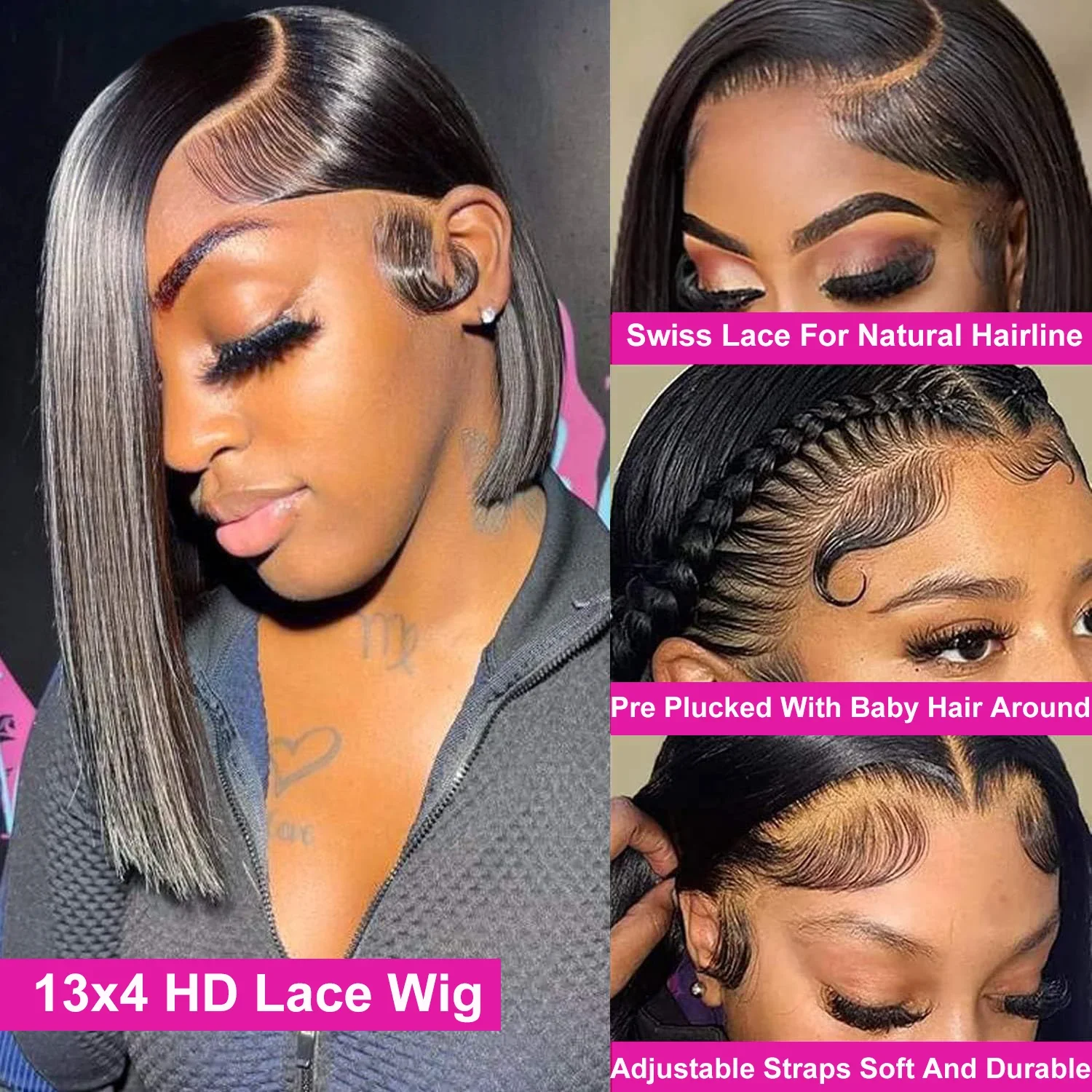 13x4 Short Bob Wig Human Hair Full Lace Frontal Bob Wigs Remy Human Hair Natural Bone Straight Lace  Front Wigs For Black Woman