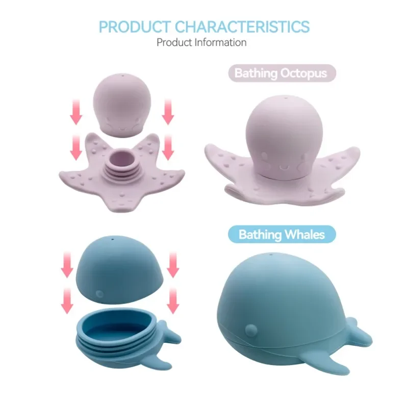 Silicone Baby Animal Whale Bath Toys Set BPA Free Squeeze Spray Water Infant Children\'s Shower Bathing Toy for Toddler Kids Gift