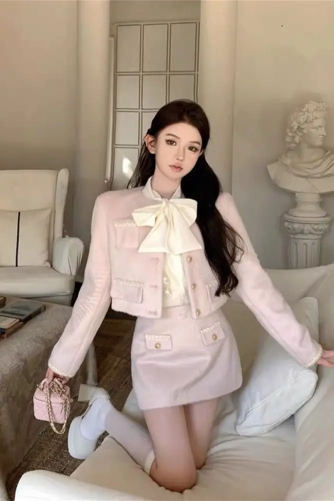 

Elegant Tweed Two Piece Set Women's 2025 Fall Short Jackets & High Waist Mini Skirt French Vintage Slimming Office Wear Fashion