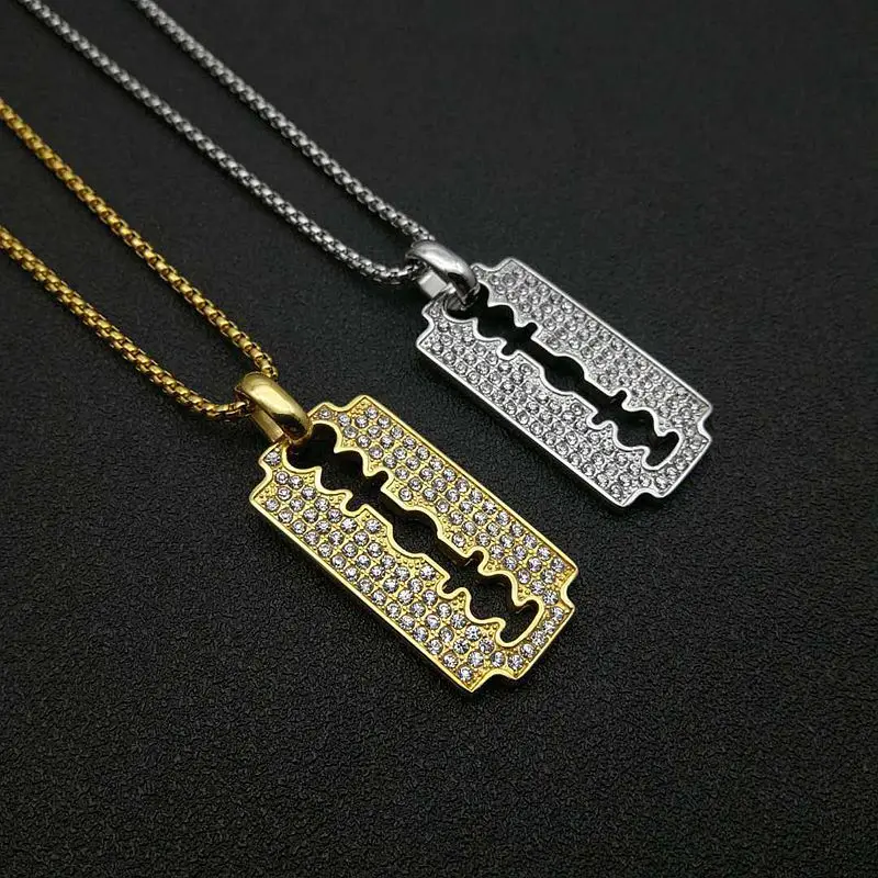 Trendy Titanium Steel Gold Plated Rhinestones Blade Pendant Necklace Creative Personality Men\'s Hip Hop Fashion Jewelry