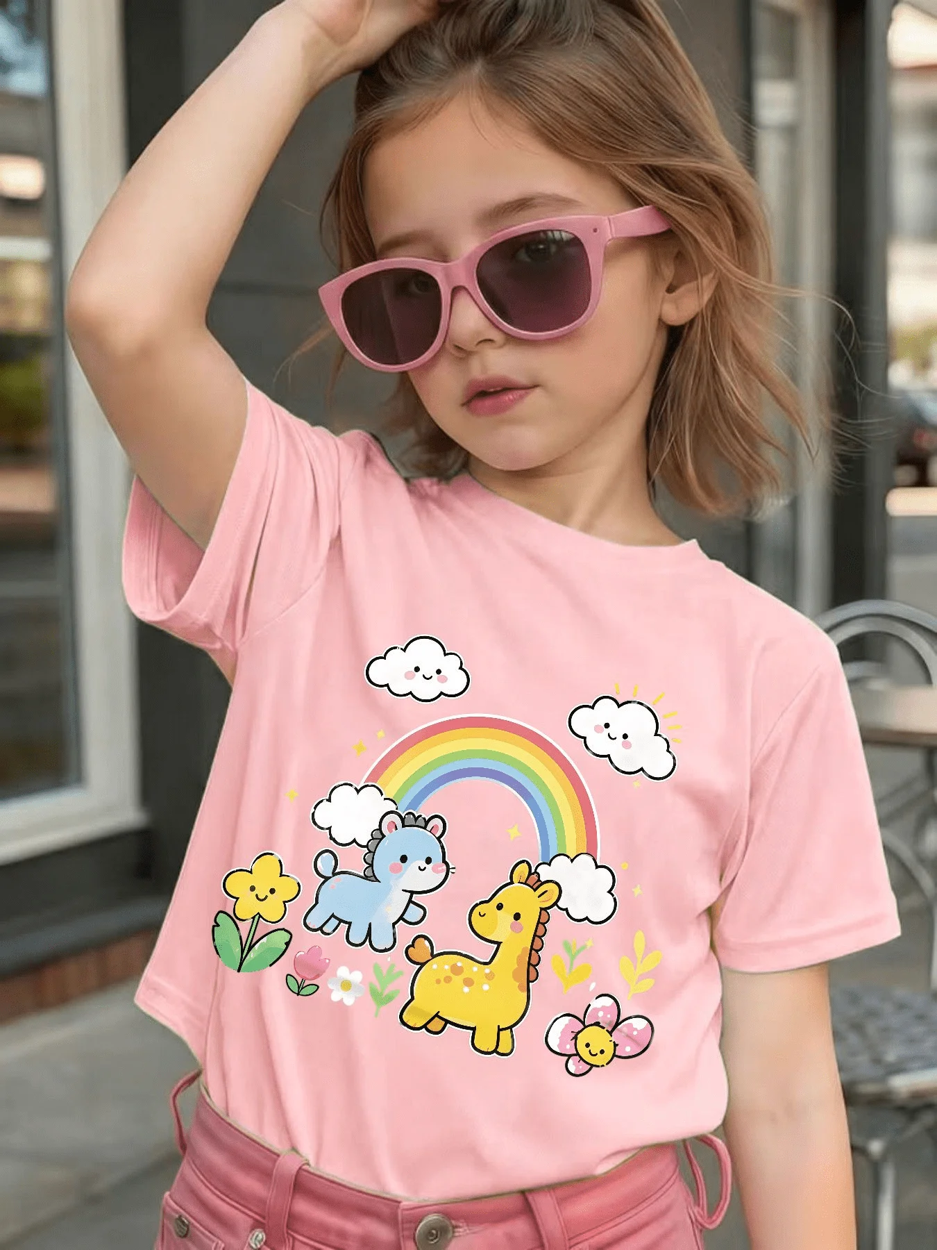 Cute Giraffe Unicorn Rainbow Cartoon Graphic Kids Tee Boys Girls Family Matching Cotton Crew Neck Short Sleeve Soft Summer Tee