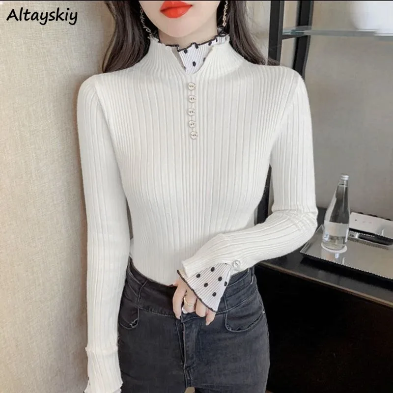 Fake Two Pieces Pullovers Women Patchwork Special Seductive Warm Autumn Creativity Modern Korean Style Classic Popular Lovely