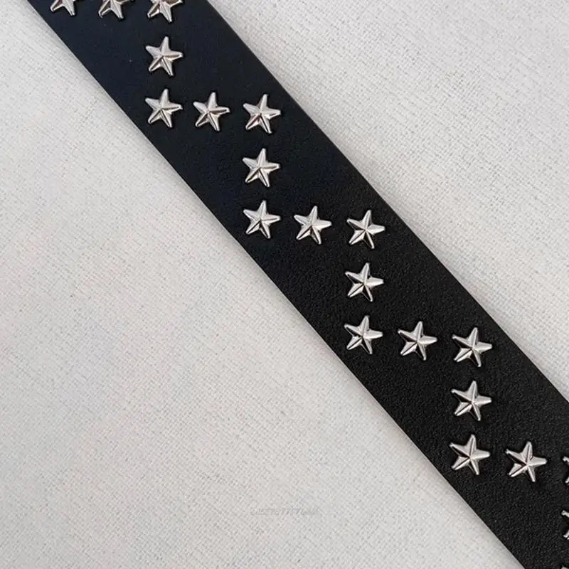 X5XA Harajuku Adult Waist Belt with Carved Floral Buckle Star Rivet Waistband PU Waist Belts for Women Universal Pants Belt