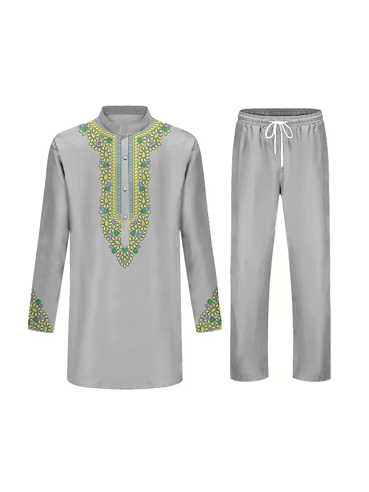 Mens Suit Long Sleeve Blouson Collar Shirt and Trousers Elegant and Noble 3D Printed Two Piece Set Islam Muslim Style Clothing