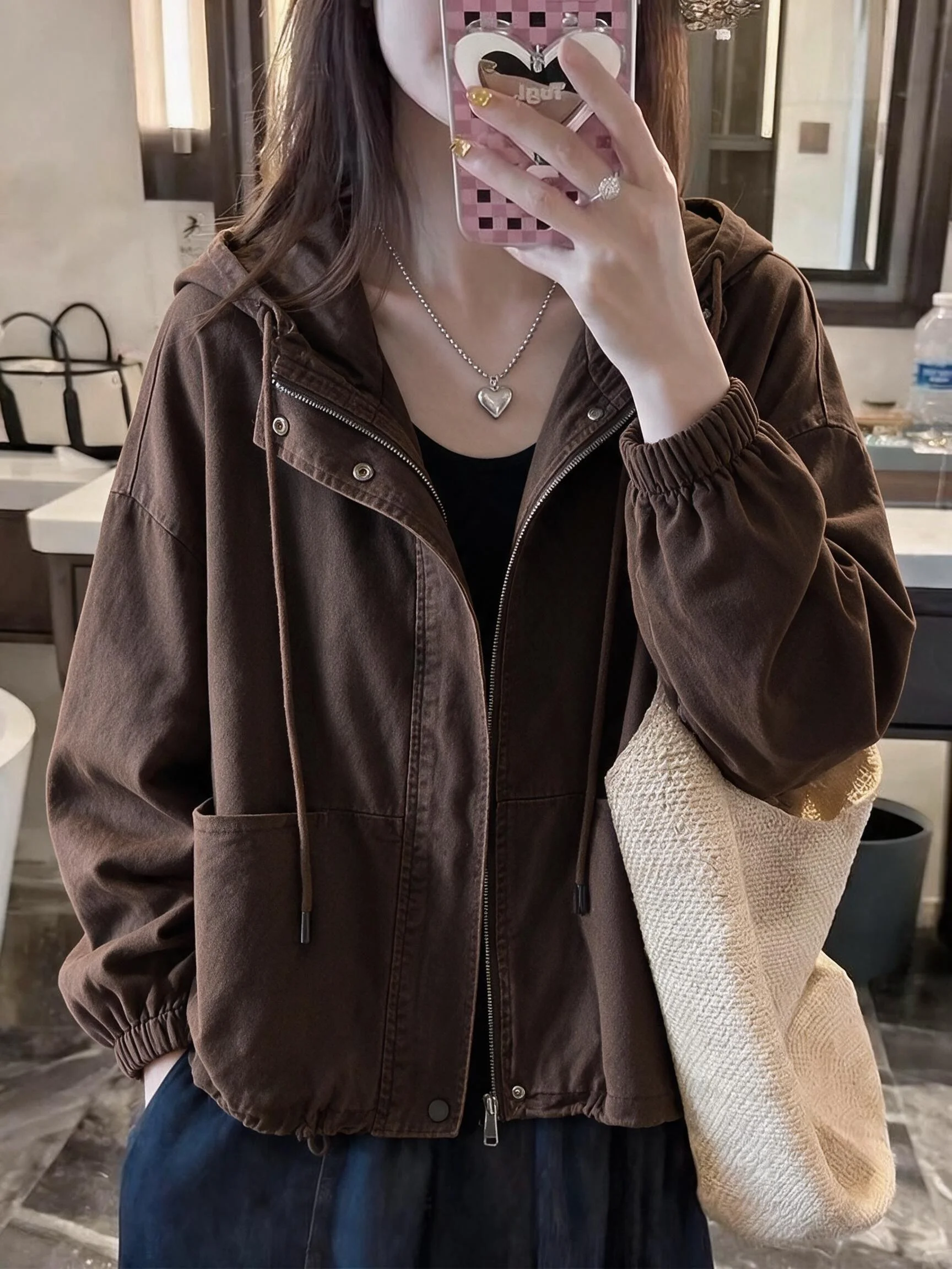 Retro Washed Hooded Jacket Women's Design Spring New Loose Fit Short Outerwear Cotton Commute Style Zipper Decorated Long Sleeve