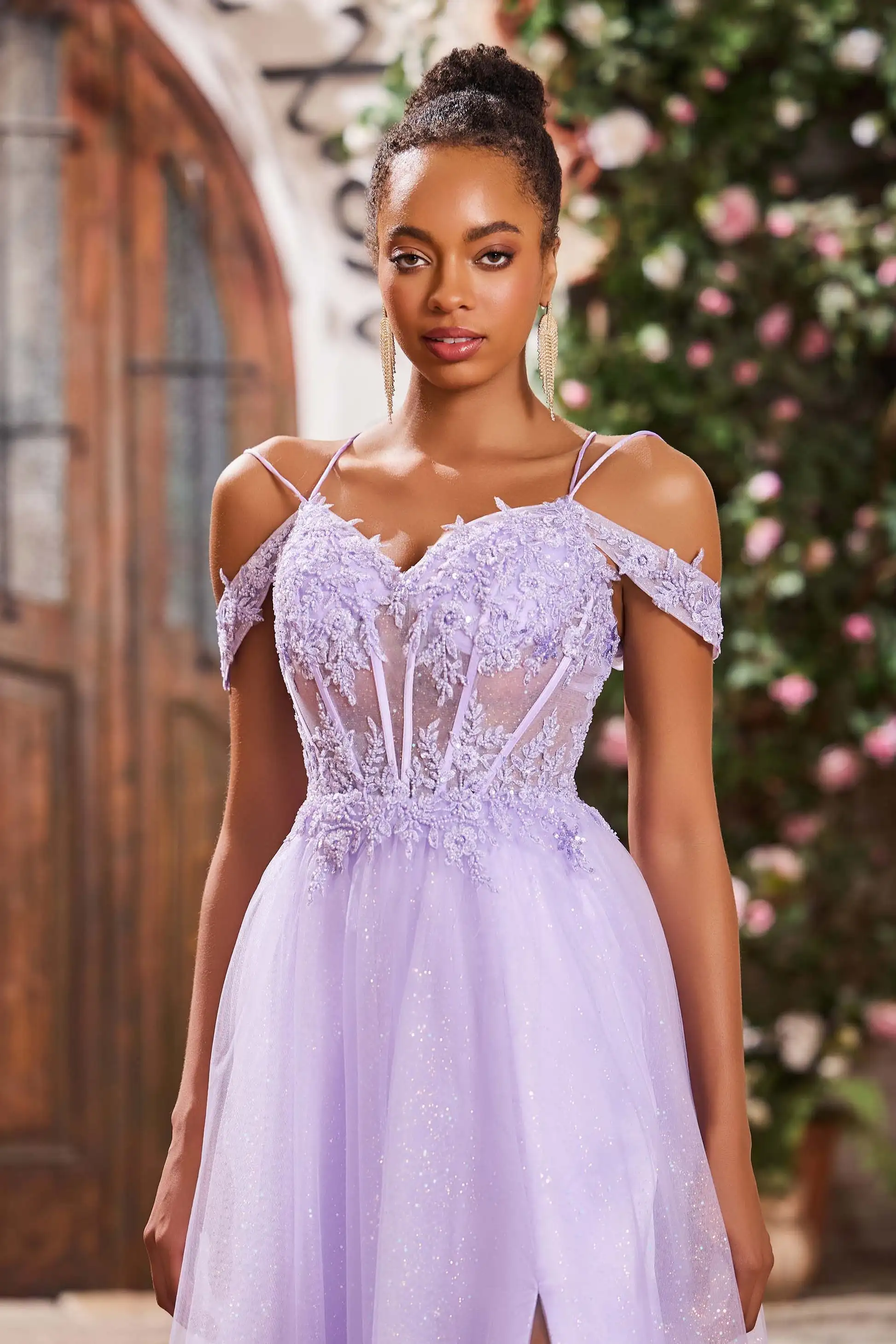 Abiti da ballo fata in tulle lilla senza spalline al largo della spalla A-line appliques corsetto in pizzo abiti para mujer abiti eleganti