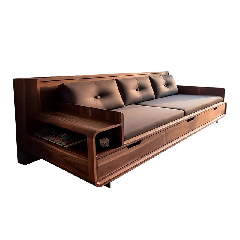 Medieval walnut solid wood straight-row sofa, high-end household new Chinese winter and summer dual-purpose storage drawer sofa