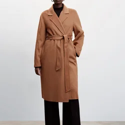 New 2024 Autumn Winter Coat Women Wool Coat Loose Belt Long Wool Coat Female Casual Long Sleeve Pockets Long Coat Outerwear