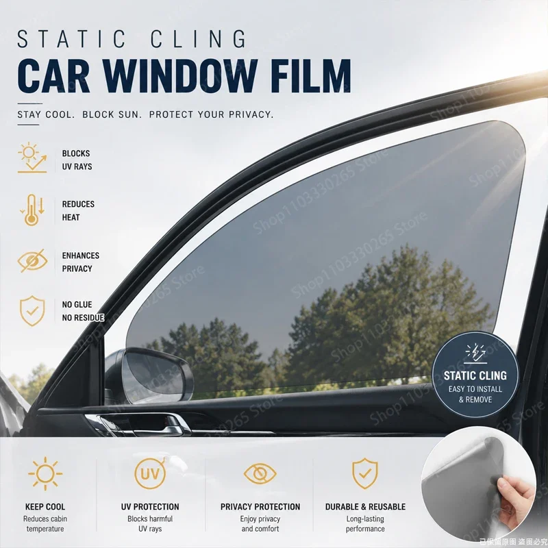 Universal electrostatic adsorption car window sunshade, adhesive free detachable window film, heat reducing UV barrier