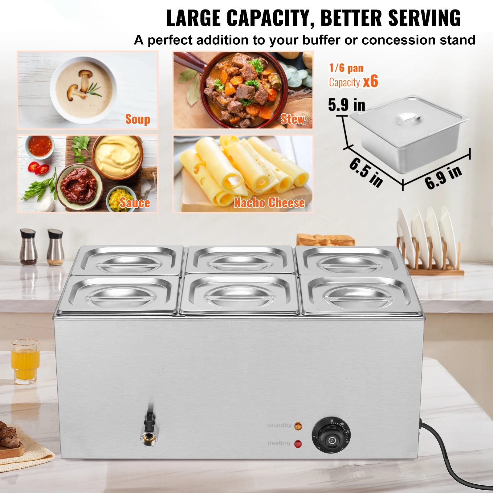 SucceBuy 24QT 6-Pan جهاز تسخين الطعام التجاري 1200 واط طاولة البخار الكهربائية المهنية كونترتوب الفولاذ المقاوم للصدأ بوفيه باين ماري