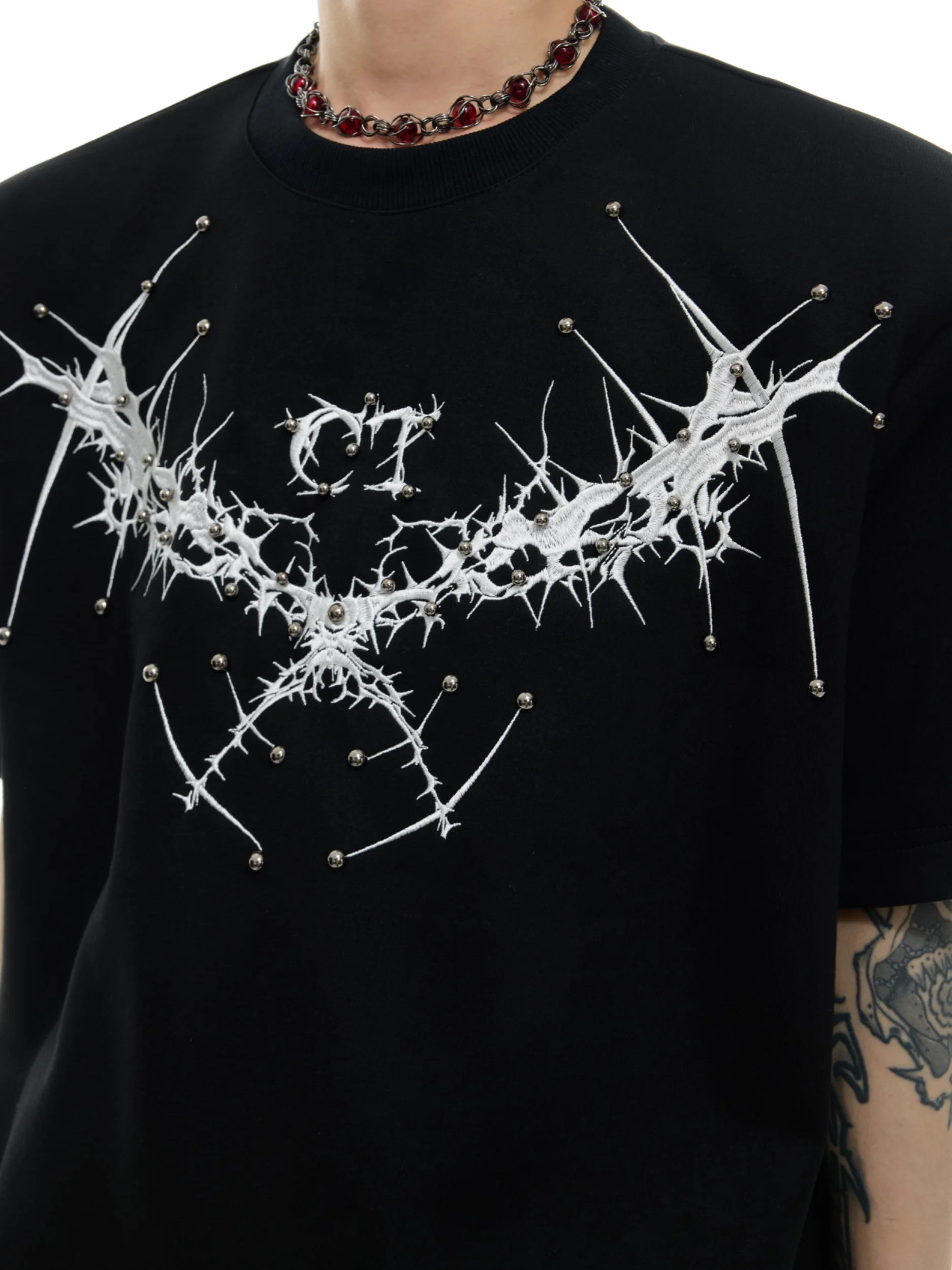 ArguE CulturE Metal Rivet Embroidery Loose Fit Short Sleeve round Neck T-Shirt Breathable Cotton Youth Fashion Summer Top