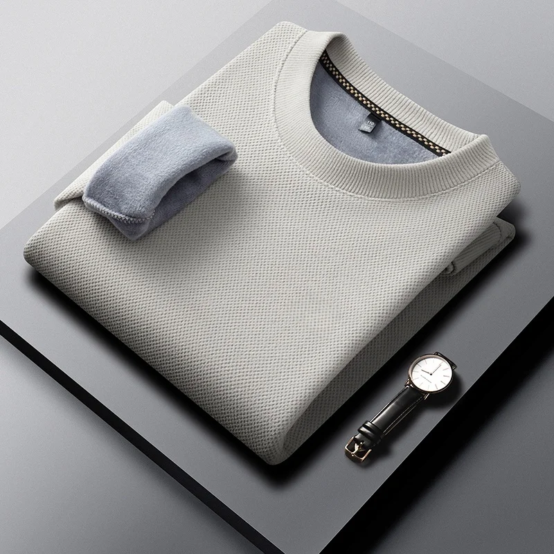 Herren-Sweatshirt mit Rundhalsausschnitt, Fleece-Futter, dick, warm, mit Waffelstruktur, langärmelig, weich, dehnbar, schmal geschnitten, Winter-Freizeitoberteil für Herren – Detail 6
